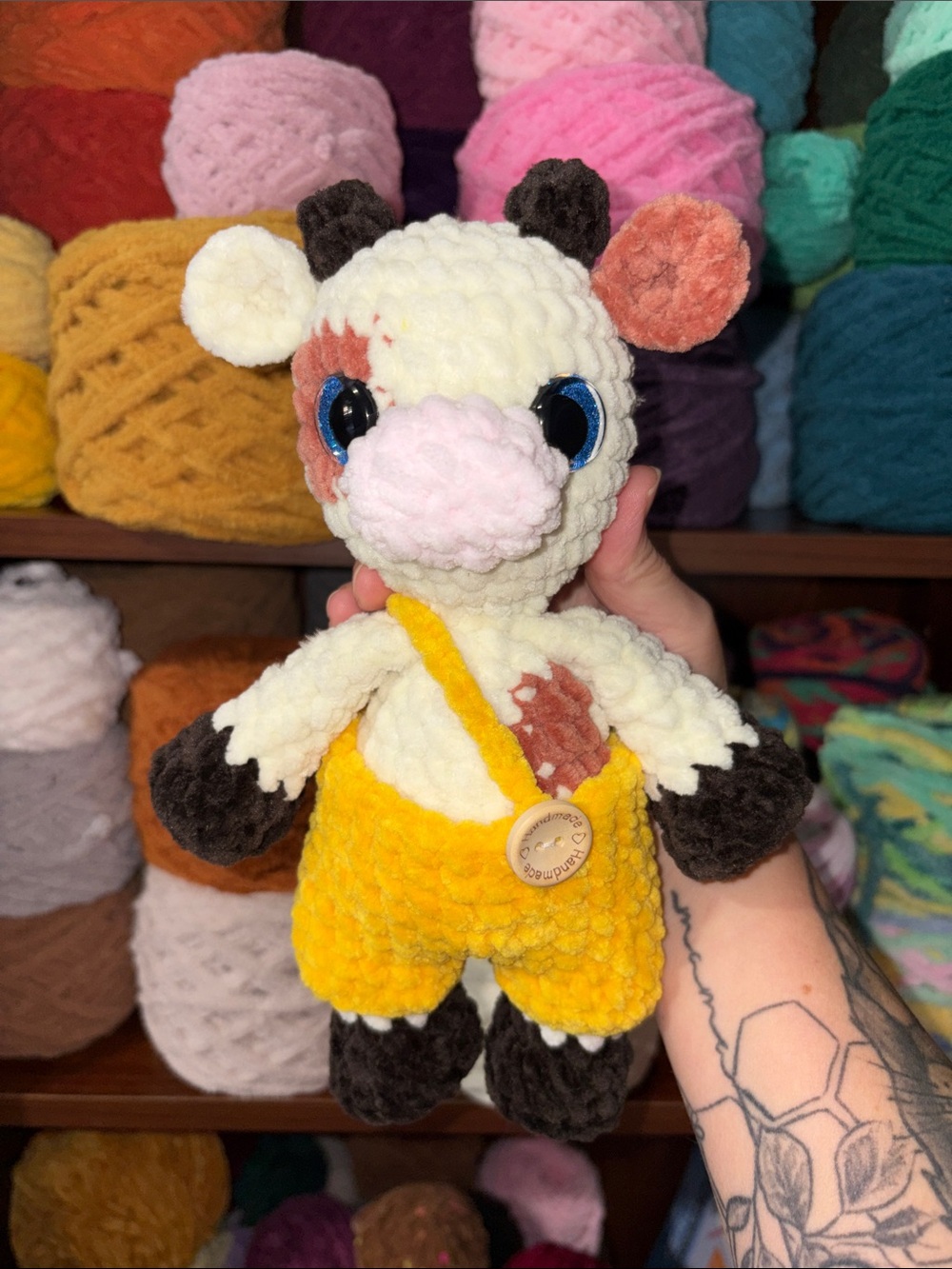 Handmade Crochet Cow with Overalls